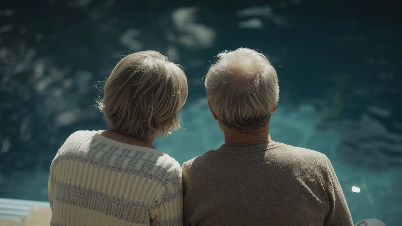 Seduti su una panchina a bordo piscina, due anziani si girano mentre la brezza increspa l'acqua luccicante, indossando maglioni a righe color cuoio.