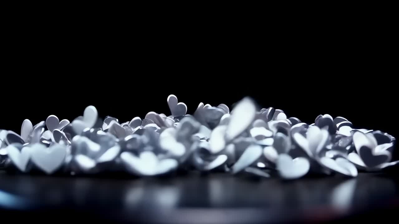 Rilascio di un denso flusso di coriandoli a forma di cuore lucidi che si riversano su un vassoio lucido sotto le luci dello studio