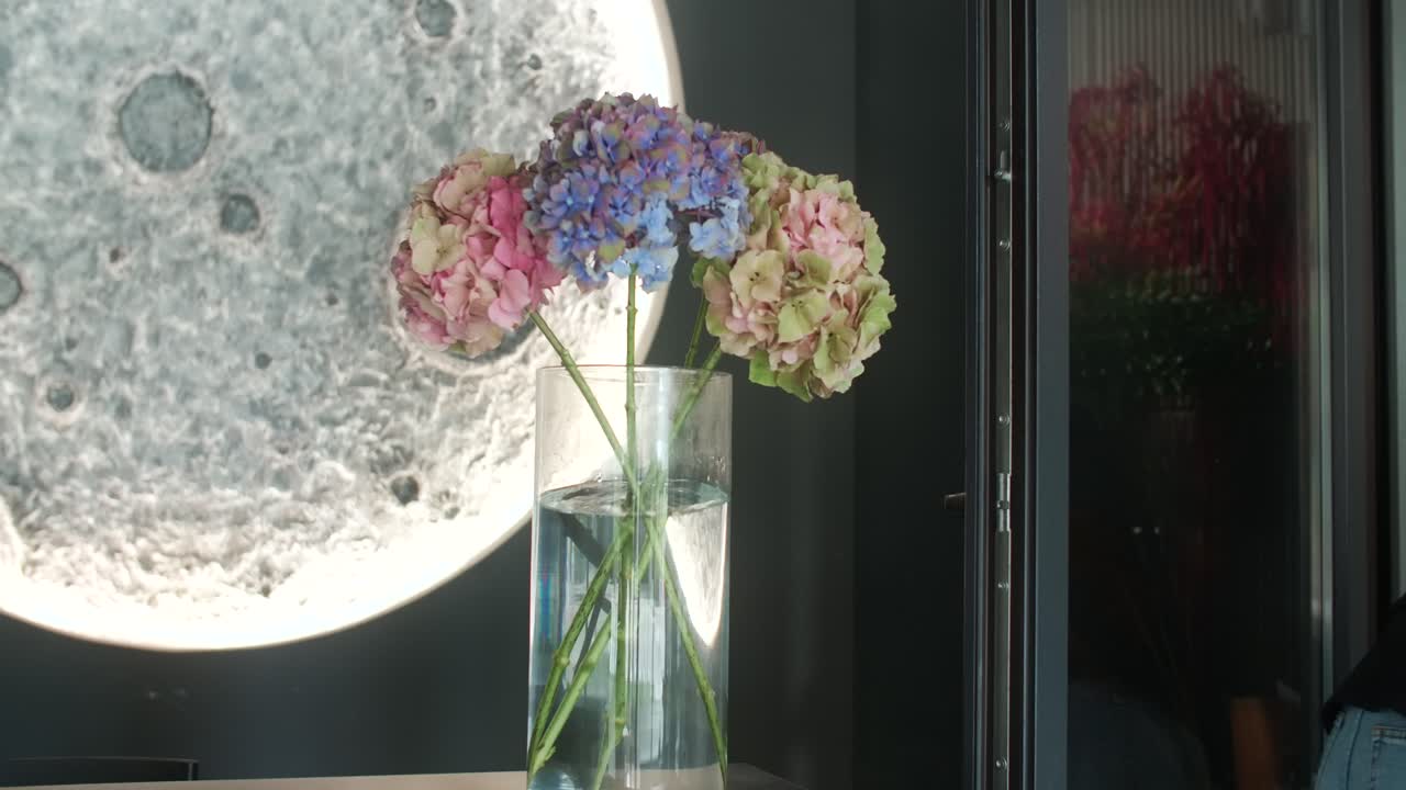 Hydrangea Bouquet in Modern Interior with Moon Decor
