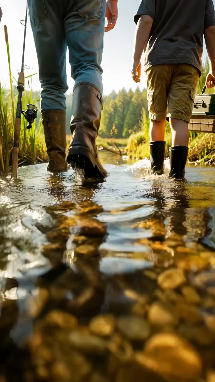 Rear low viewpoint shows adult and child stepping through ankle-deep creek water with fishing gear, glowing sunset backlight, pebbled bottom, ripples, and tree-lined shore, with fishing, wading