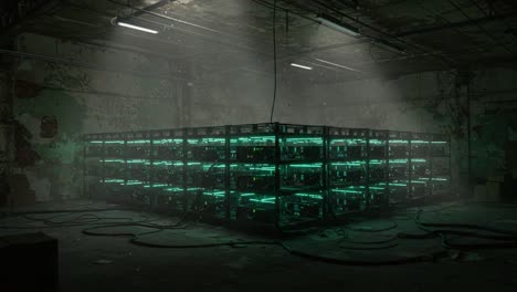 illuminated rows of technology: a captivating view of a server rack installation in a dimly lit room with a mysterious atmosphere