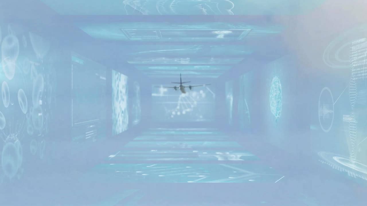 Flying airplane through digital tunnel with futuristic animation data projections