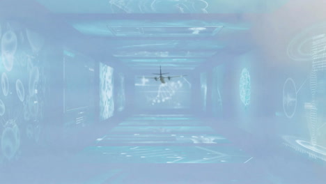 flying airplane through digital tunnel with futuristic animation data projections