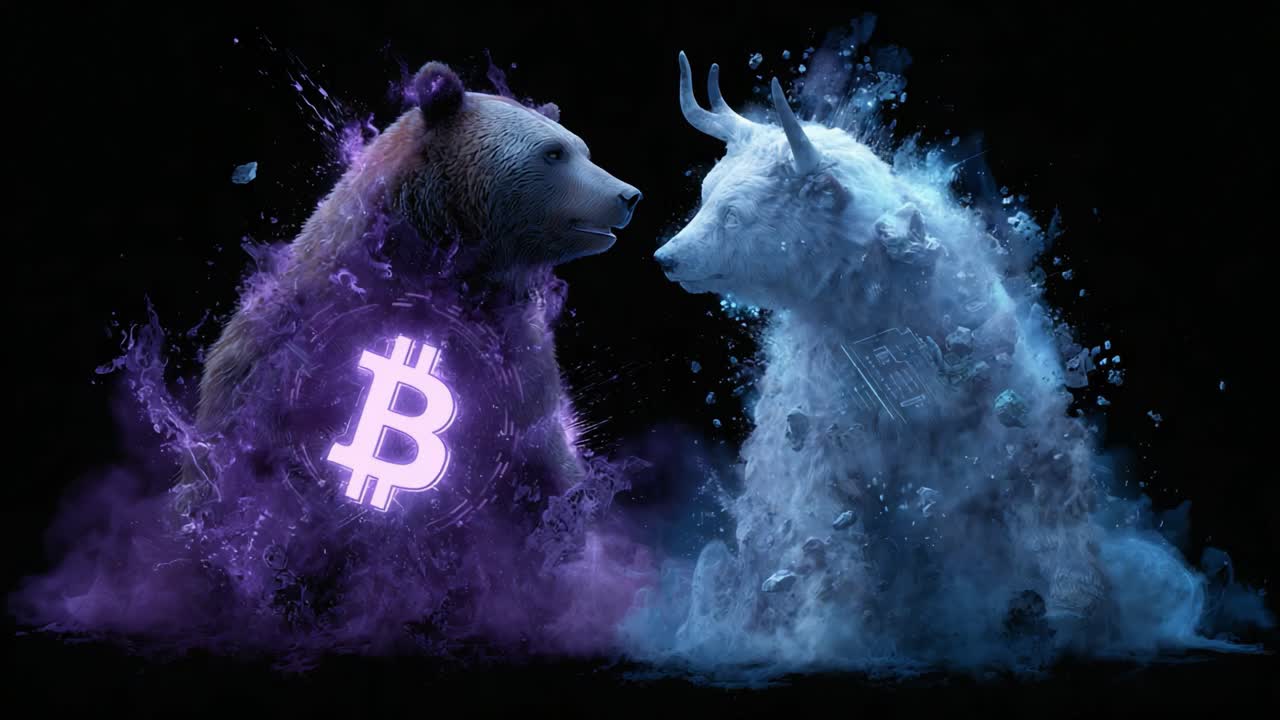 A Dynamic Depiction of the Ongoing Struggle between Bull and Bear Markets, with Intriguing Visuals Representing Cryptocurrency, Investment Trends, and Market Volatility
