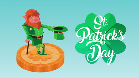 happy saint patricks day animation with leprechaun lifting hat in golden coin