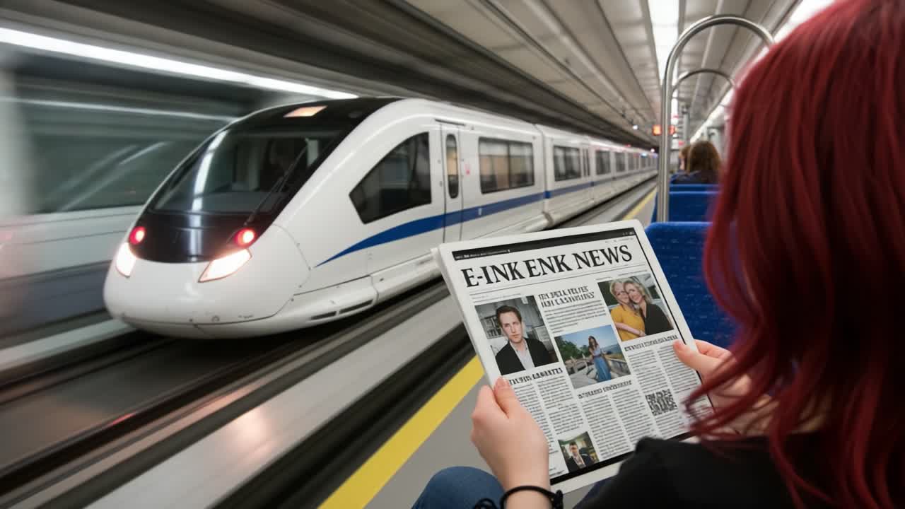 A Commuter Enjoys Reading an E-Ink Newspaper While Traveling on a Modern High-Speed Train, Merging Technology and Daily Life in an Urban Setting