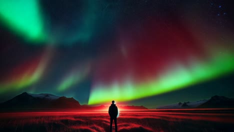a silhouette stands in awe of the northern lights