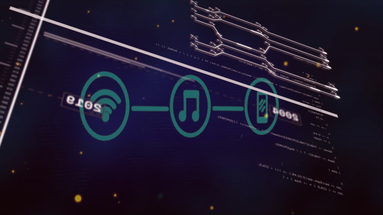 Three turquoise icons floating, connecting via lines in flat design UI showing code overlays