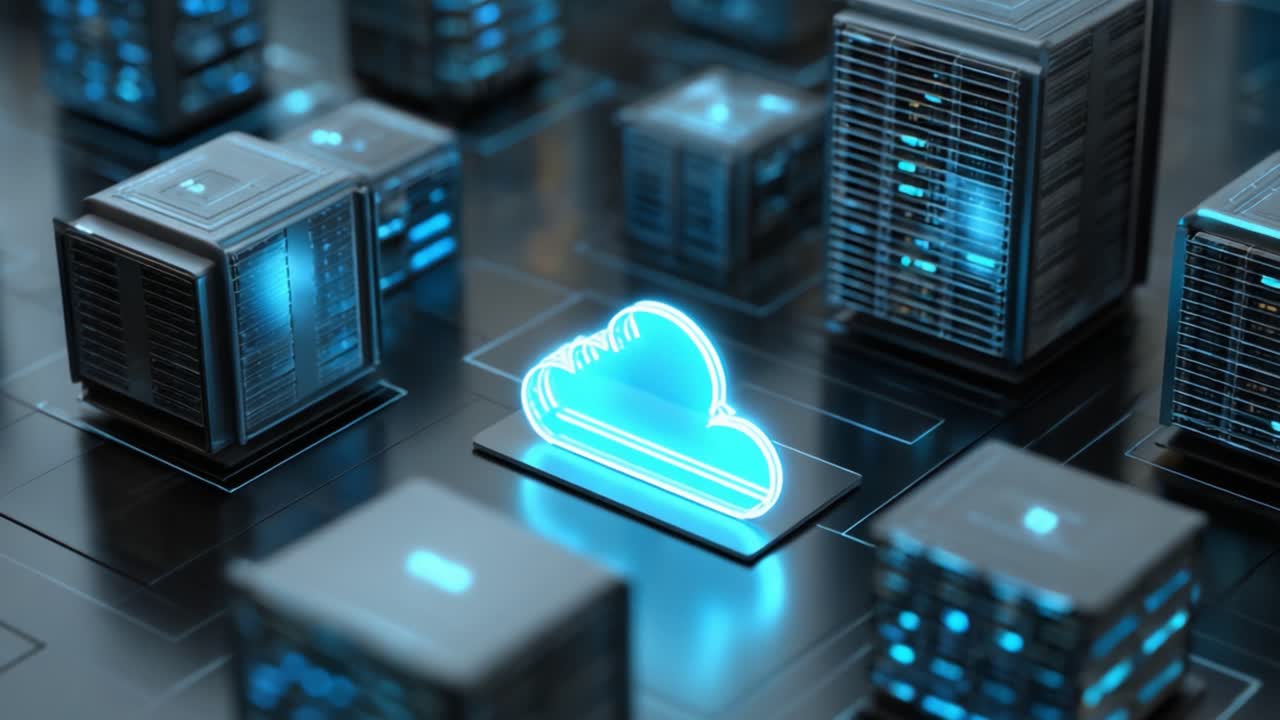 A Futuristic Visualization of Cloud Computing Technology with Illuminated Cloud Icon Surrounded by Server Racks and Network Connections in a Digital Landscape