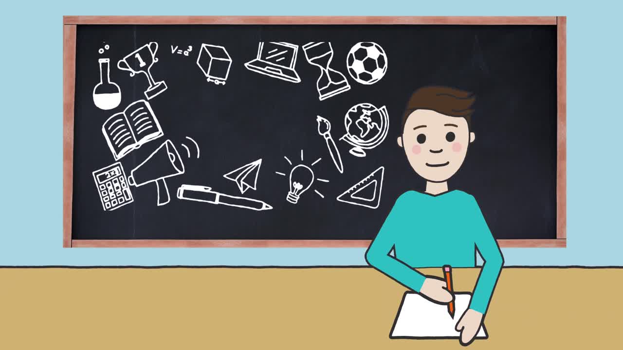 Animation of schoolboy taking notes over blackboard with school items icons on blue background