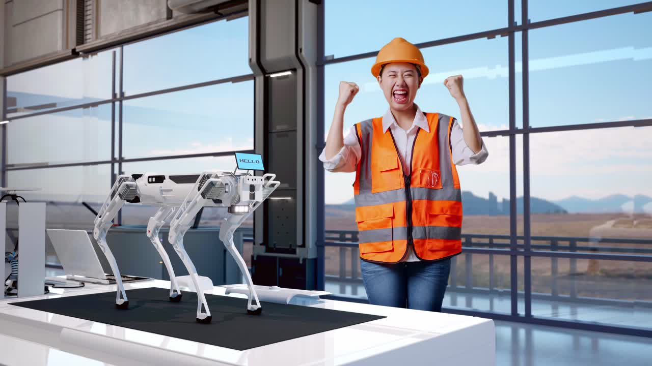 полное тело азиатской женщины-инженера с защитным шлемом кричит цель празднует работу на высокотехнологичной фабрике, анализирует концепцию робототехники