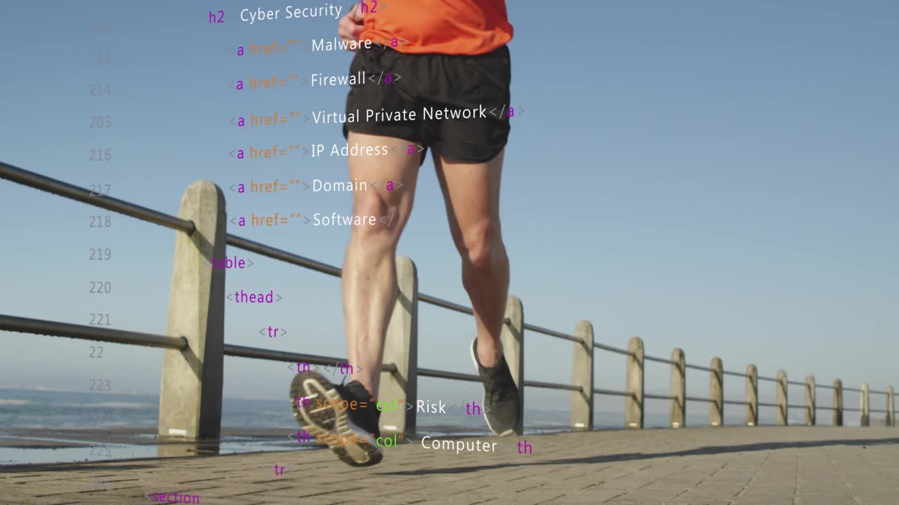 Senior man jogging seaside promenade, initiating floating cybersecurity terms over ocean
