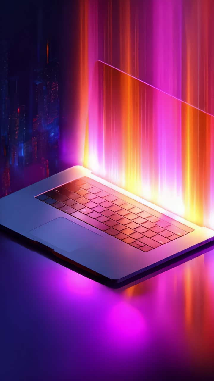 A Stunning Digital Visualization of a Laptop with Vibrant Light Effects: A Fusion of Colors and Technology in a Futuristic Setting