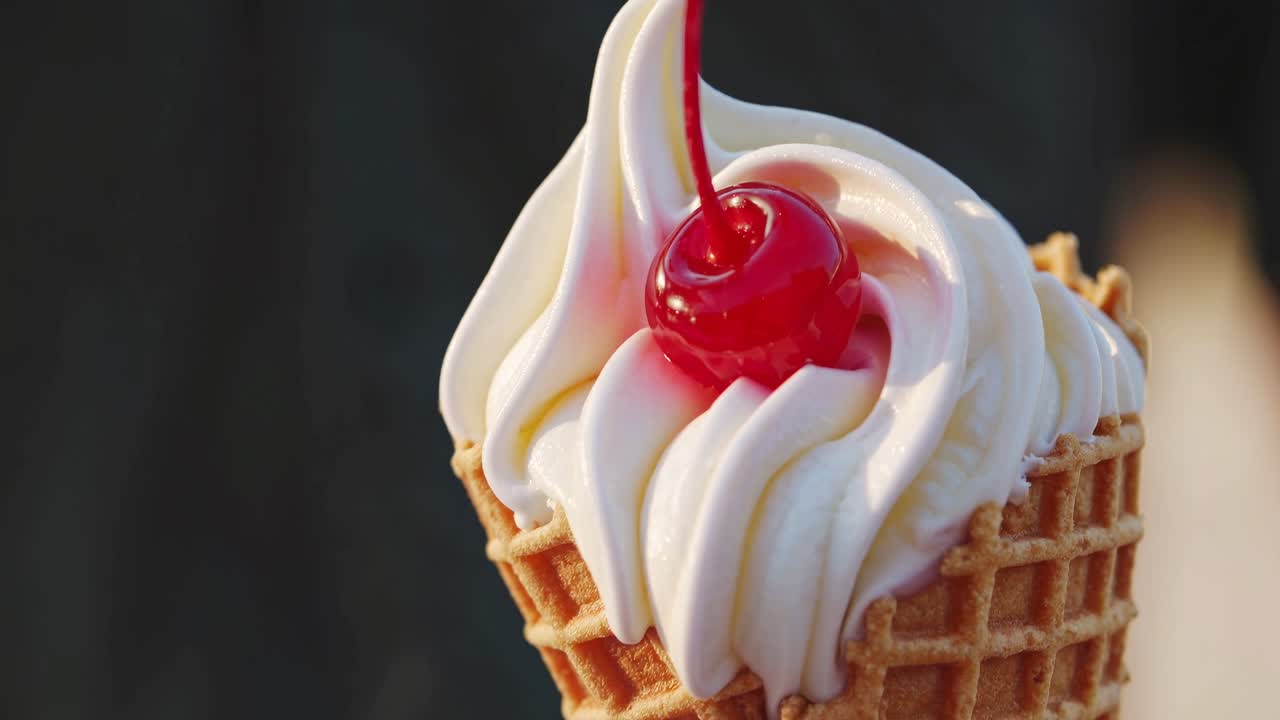 Close-up video van een wafelhoorntje met gedraaid vanille-ijs, gegarneerd met een kers.