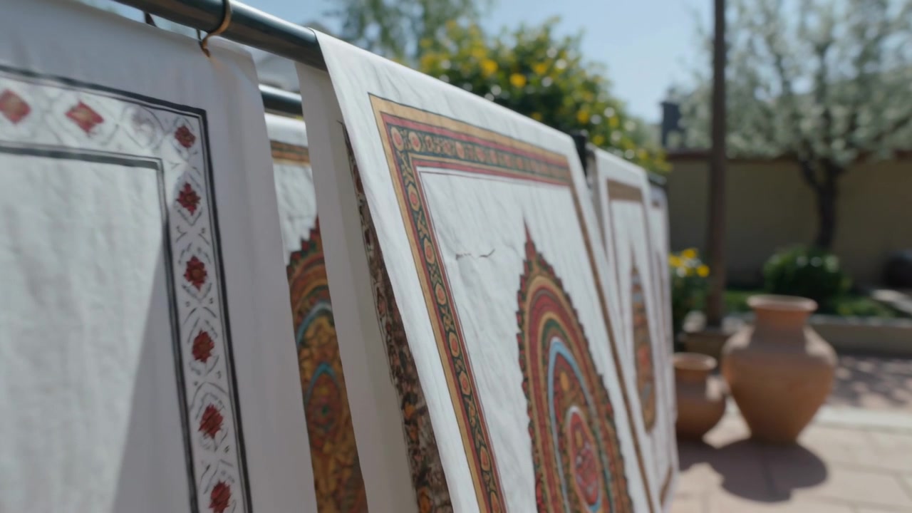 Kamerafahrt entlang eines sonnenbeschienenen Innenhofs, die Mandala-Tücher an einer Stange mit Rissen und Töpfe enthüllt