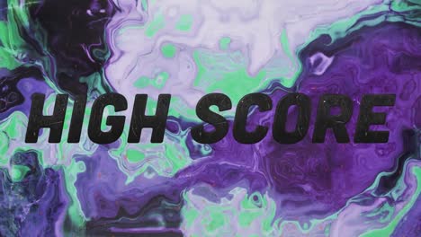 Animation-of-text-high-score,-in-black-over-swirling-purple-and-green-background