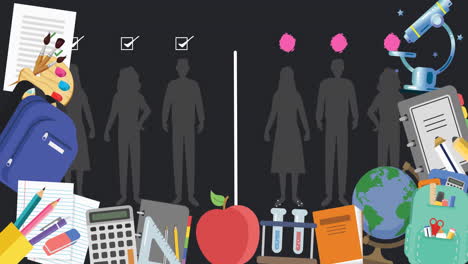 animación de personas iconos infectados por covid y sanos con iconos escolares