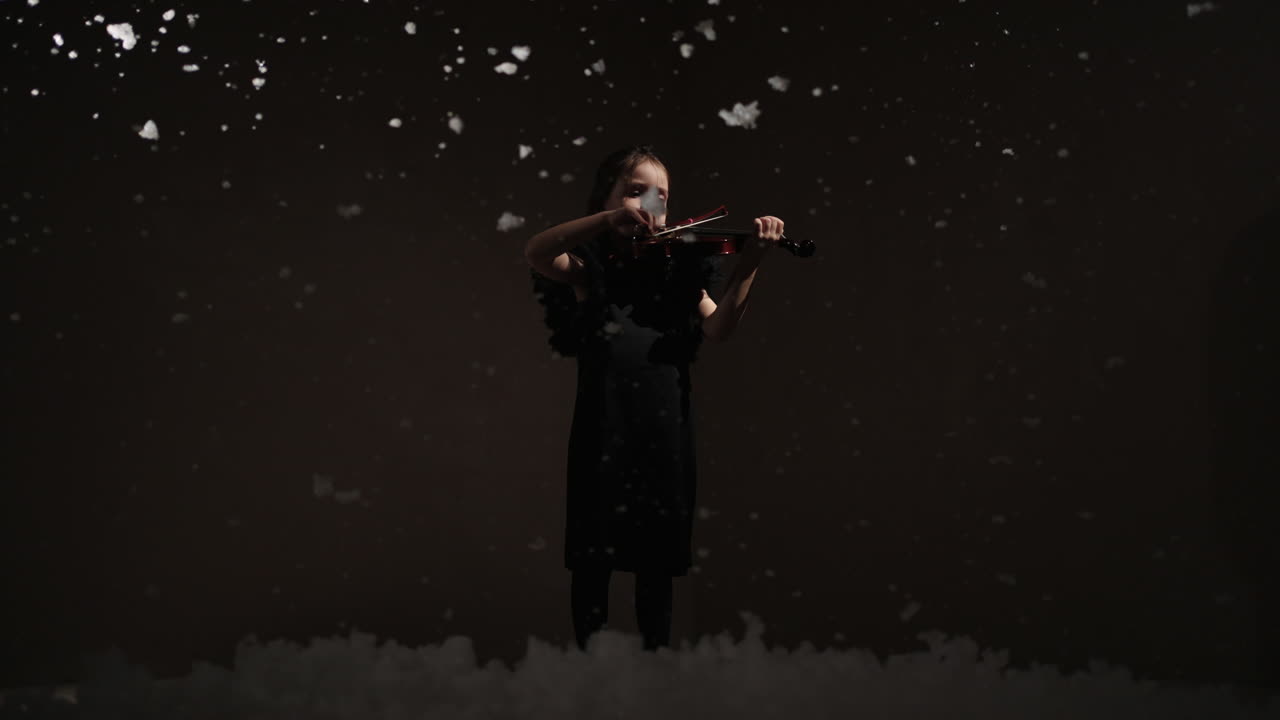 Ung pige spiller violin i et vinterlandskab
