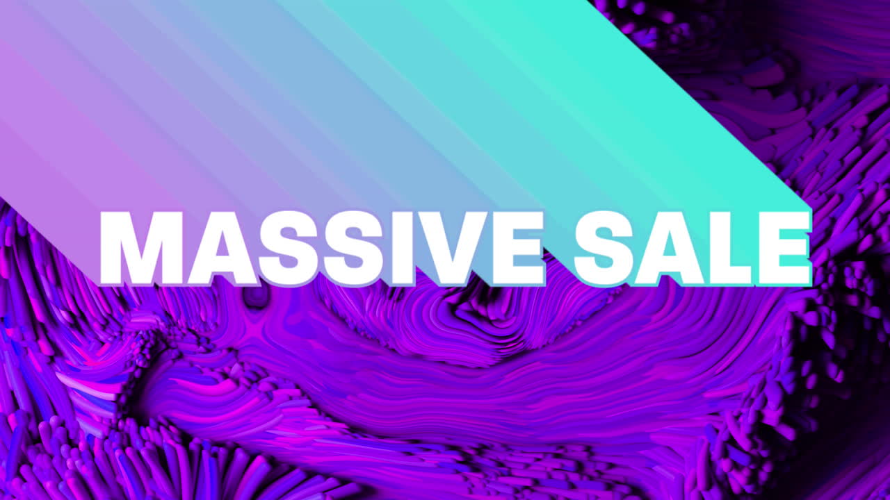 animación de texto de venta masiva con sombra de neón y fondo púrpura líquido abstracto