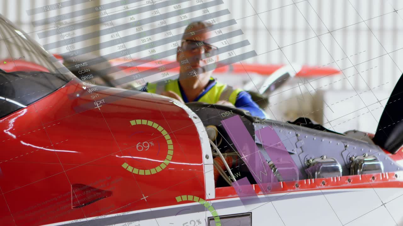 Tech opening cowl inserting dipstick inspecting engine while aviation gauges overlaying engine