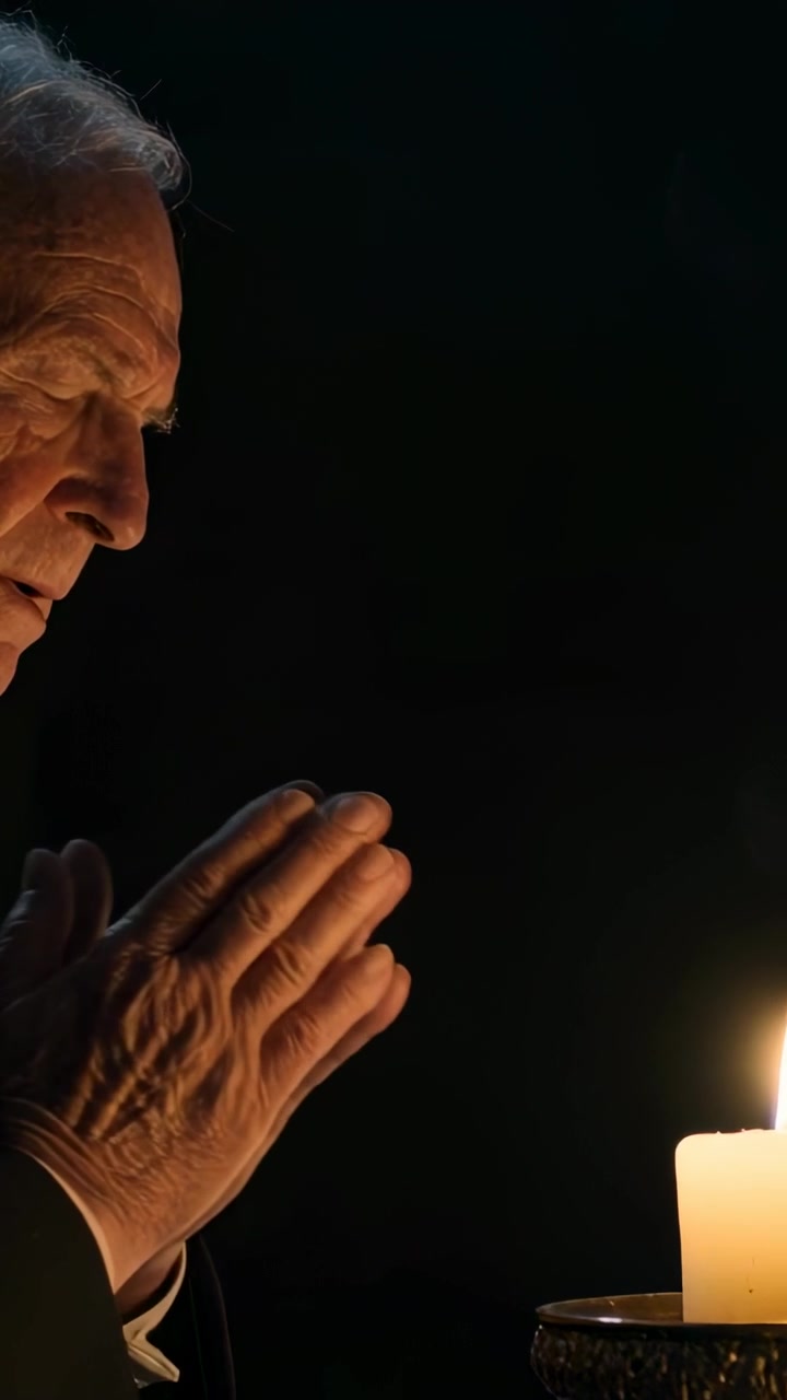 Vertical video: Striking match, priest lighting candle at chapel in dark robe praying, copy space
