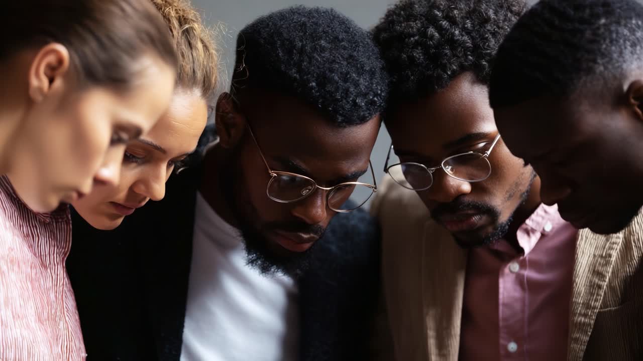 A group of individuals deeply engaged in a moment of contemplation, displaying unity and focus, collectively sharing an intimate experience in a serene and thoughtful atmosphere