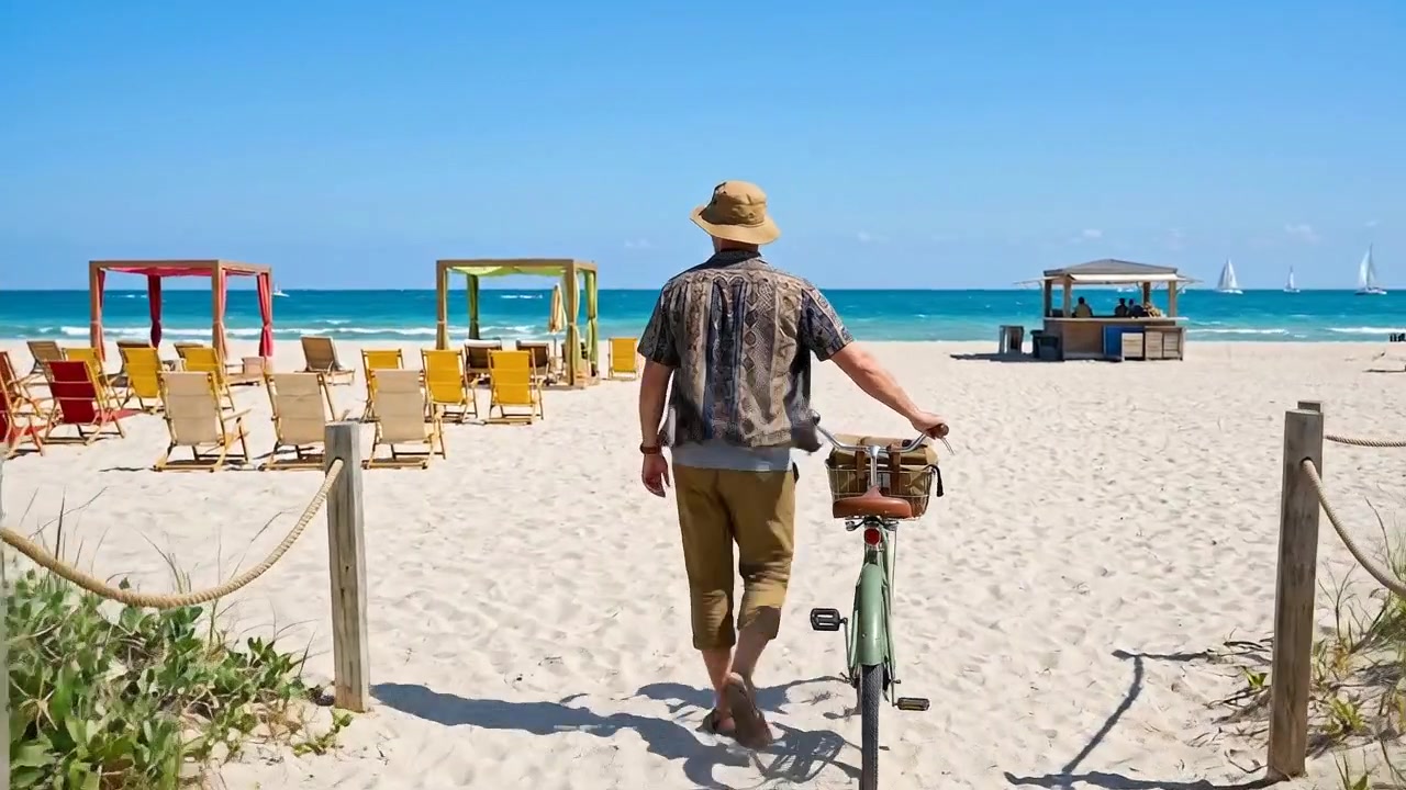 Homem Caminhando com Bicicleta na Praia de Areia em Direção ao Oceano