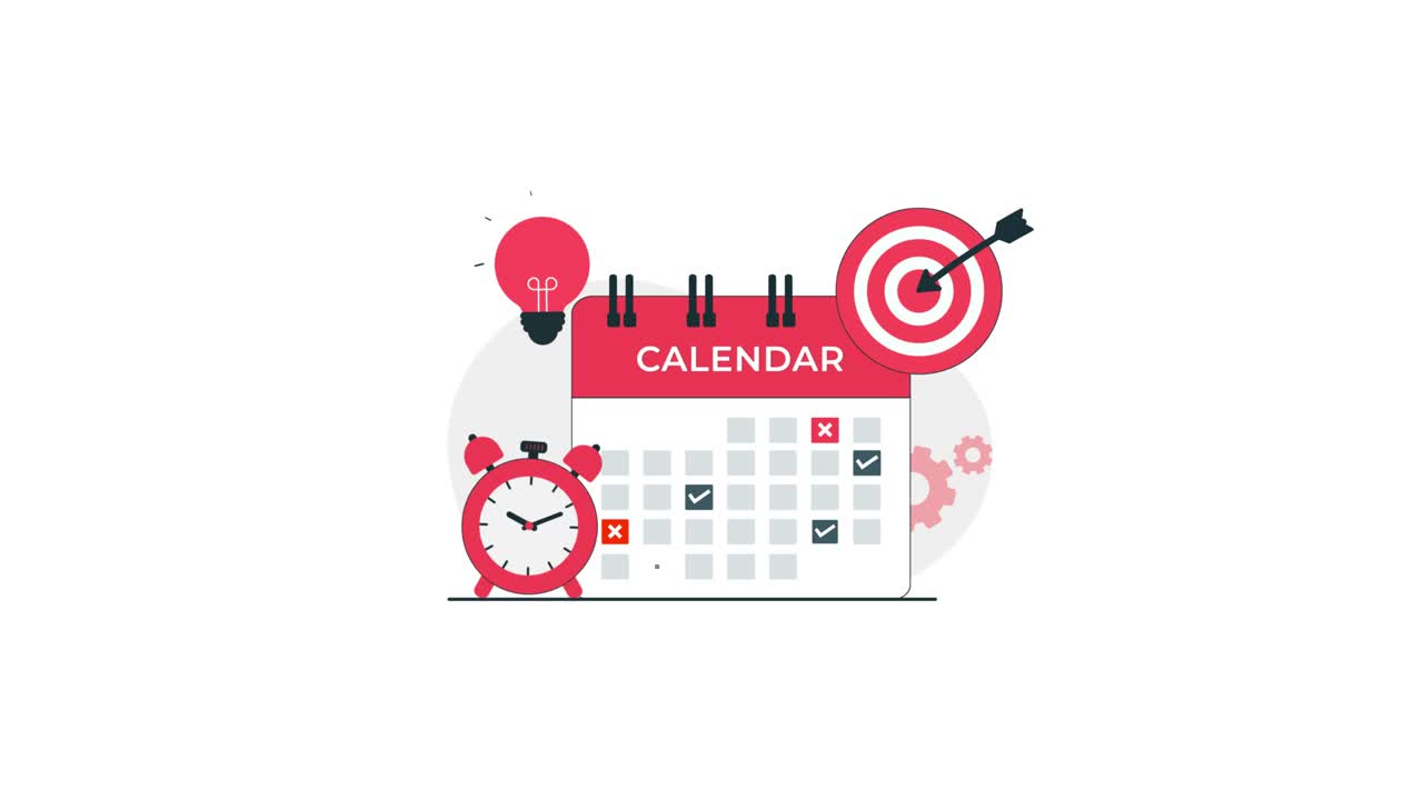 Calendario animato con icone di gestione del tempo e definizione degli obiettivi