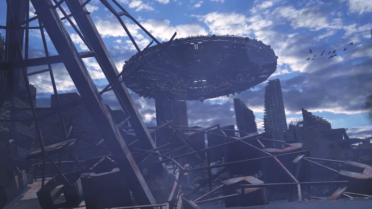 UFO over City Ruins