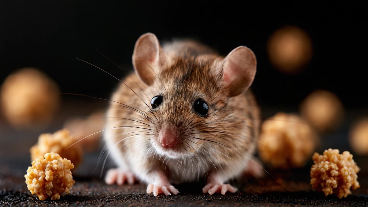 Um close-up de um rato curioso cercado por petiscos saborosos, capturado com detalhes impressionantes e um foco suave no fundo, destacando sua natureza brincalhona e características adoráveis.