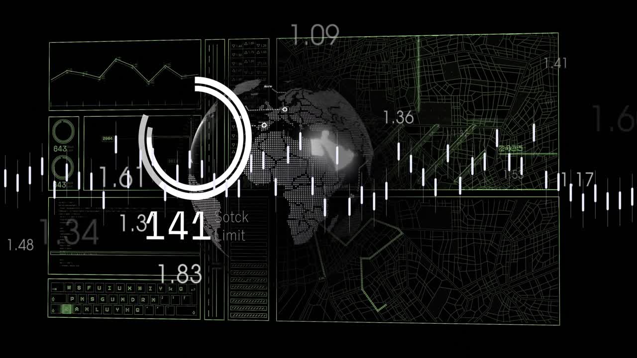Animation of interface with data processing over spinning globe against black background