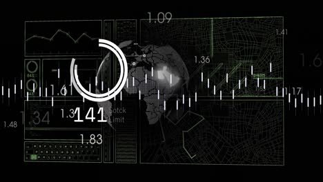 animation of interface with data processing over spinning globe against black background