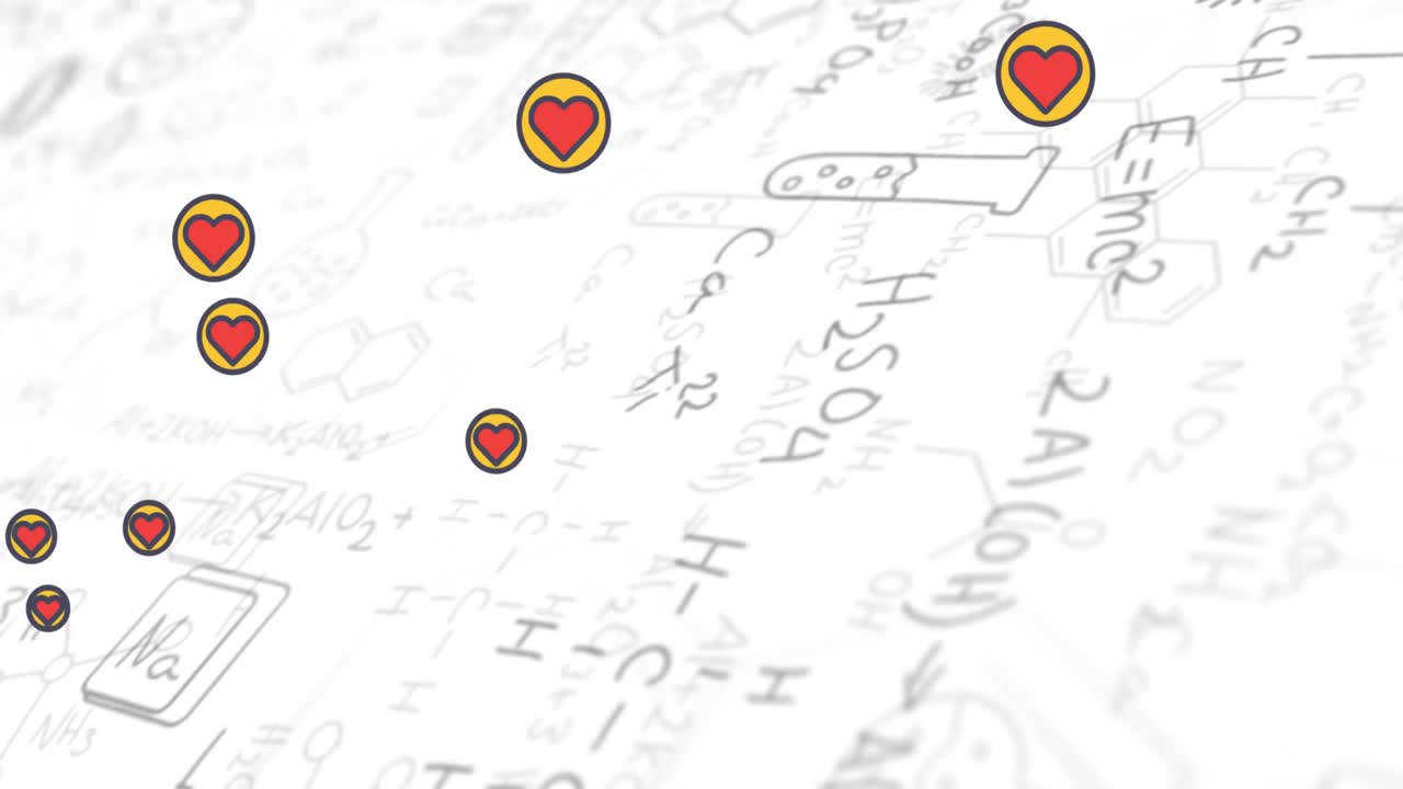 Animation of heart emoji icons floating over chemical formulae on white background