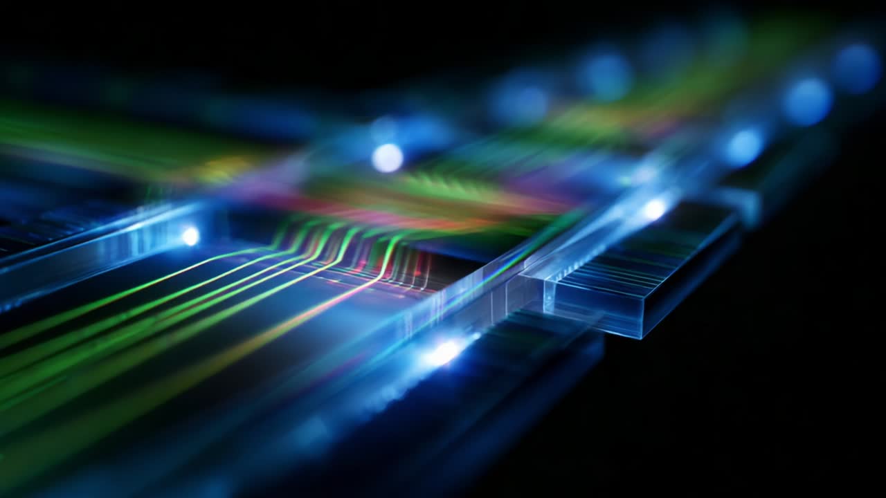 A Captivating Glimpse into the World of Advanced Technology: Exploring High-Tech Optical Circuitry with Vibrant Light Trails and Transparent Components that Showcase Innovation and Precision in Design