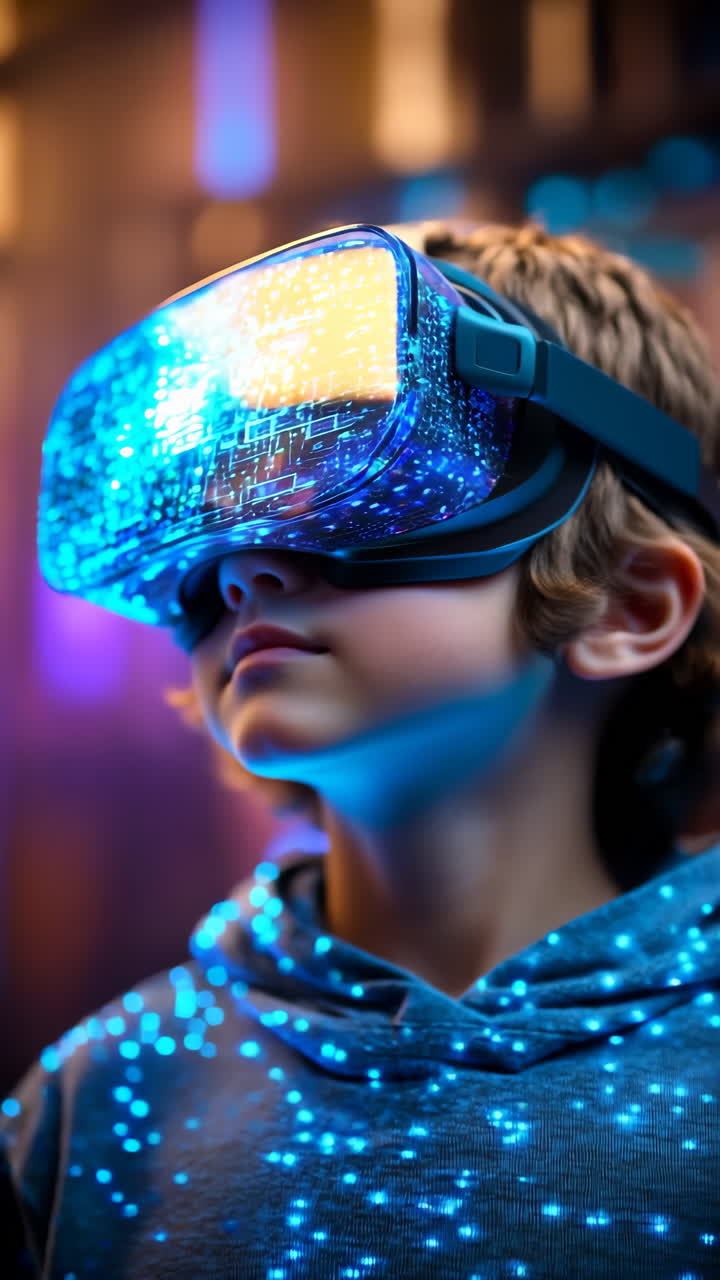 Boys VR adventure. A young boy wearing a virtual reality headset ...