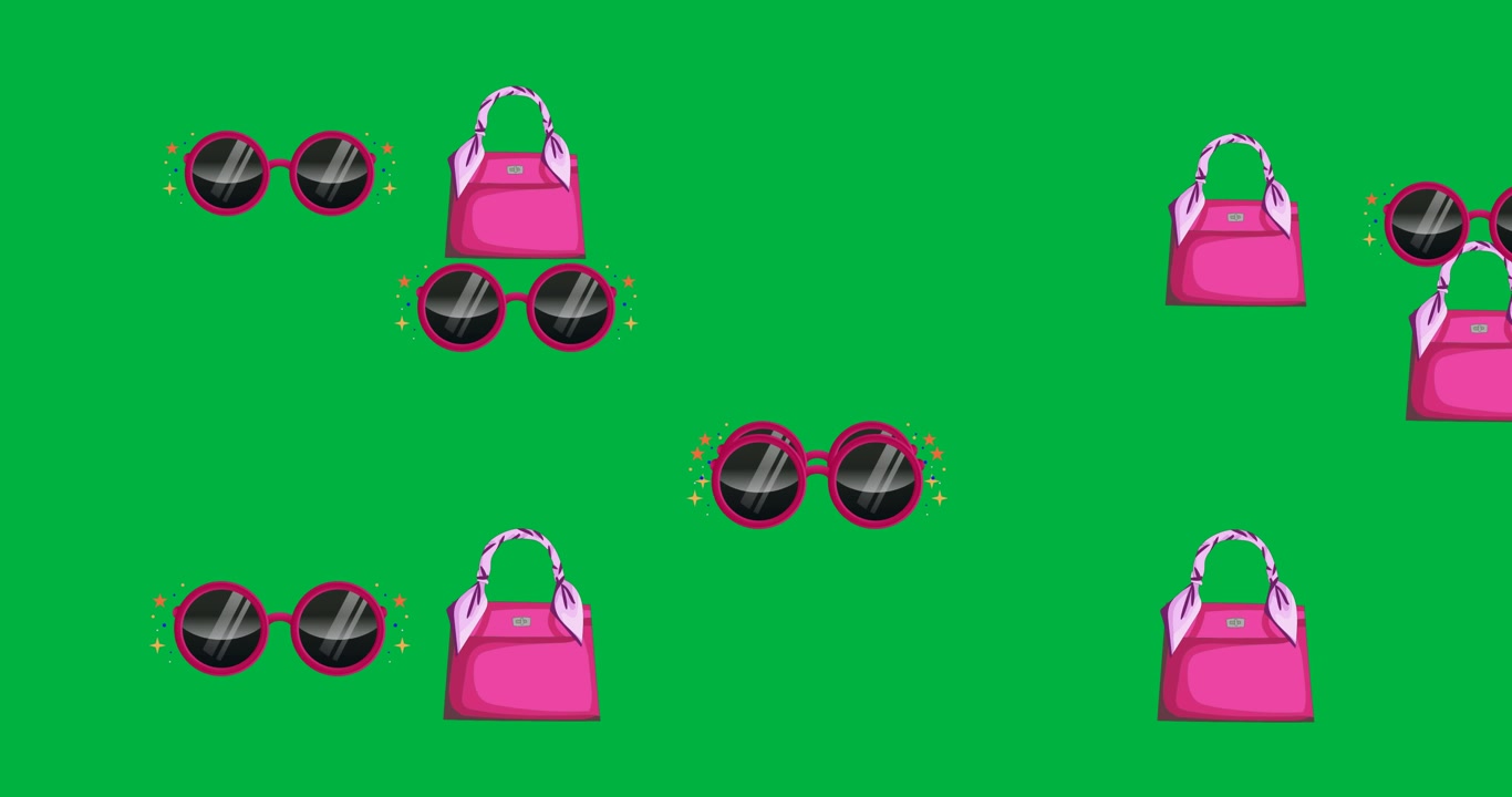 Animazione digitale di icone multiple rosa di borse da donna e occhiali da sole che fluttuano su sfondo nero