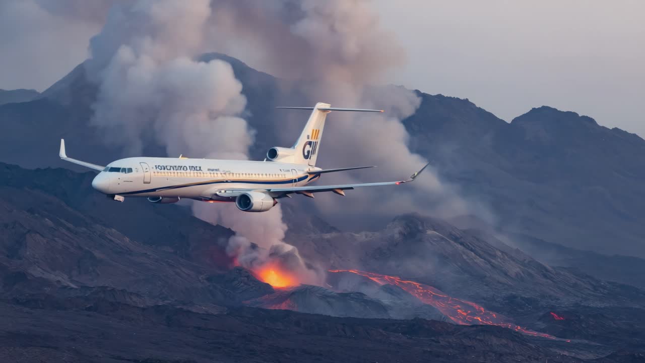 Airplane flying near an erupting volcano