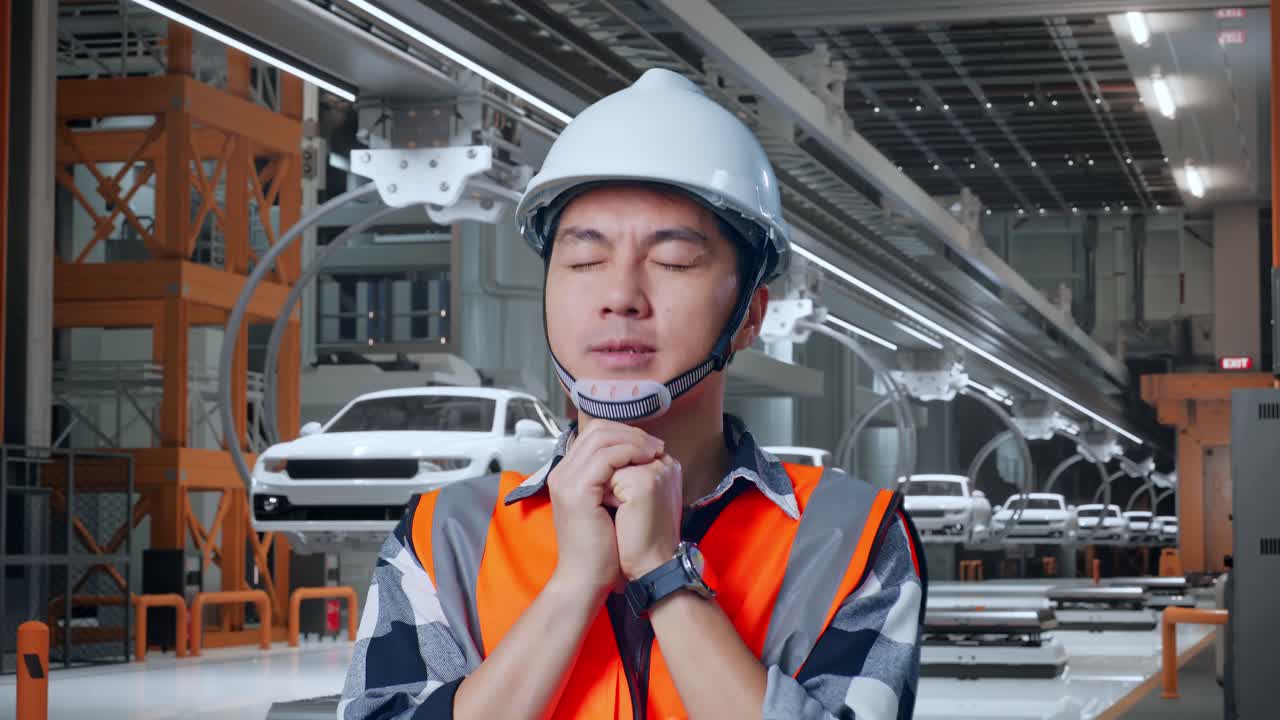 안전 헬을 입은 아시아 남성 엔지니어가 ev 자동차 공장에서 서 있는 동안 무언가를 위해 기도합니다.