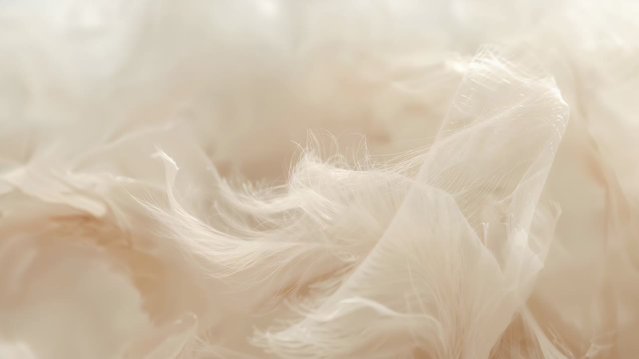 Shifting cream-colored fiber tuft settling after tiny breeze in studio close-up, with highlights