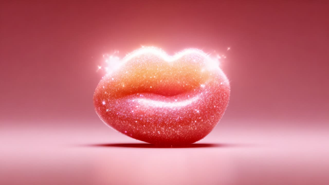 Stunning Sparkling Lips Drenched in Radiant Glow Captured in a Digital Art Display, Showcasing Vibrant Colors and Enchanting Reflective Effects on a Soft Pink Background