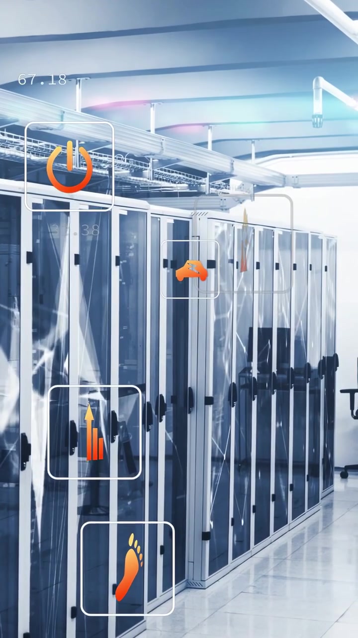 Rack row idling while monitor-triggered HUD icons stacking, showing chart, power for data center