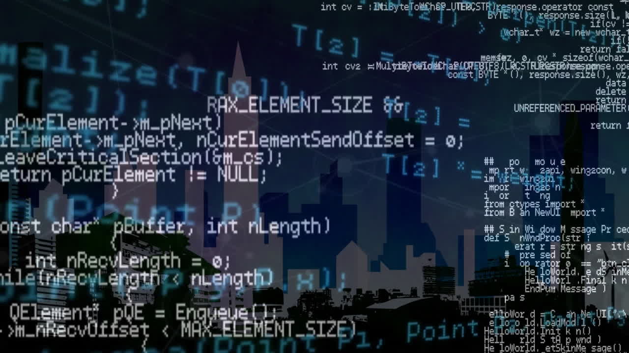 animación del procesamiento de datos financieros sobre el paisaje urbano