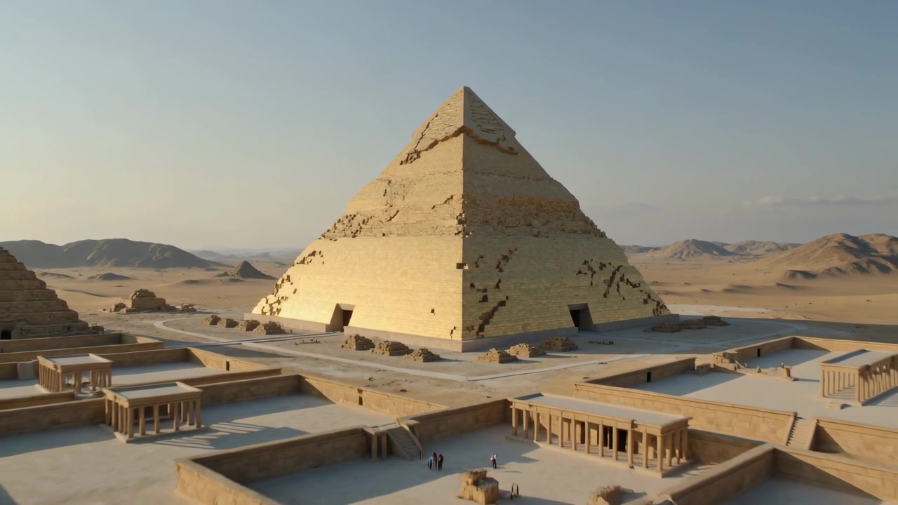 Kamera se oddaluje, aby odhalila velkou erodovanou pyramidu v pouštní lokalitě, vchody a návštěvníky v rouchách.