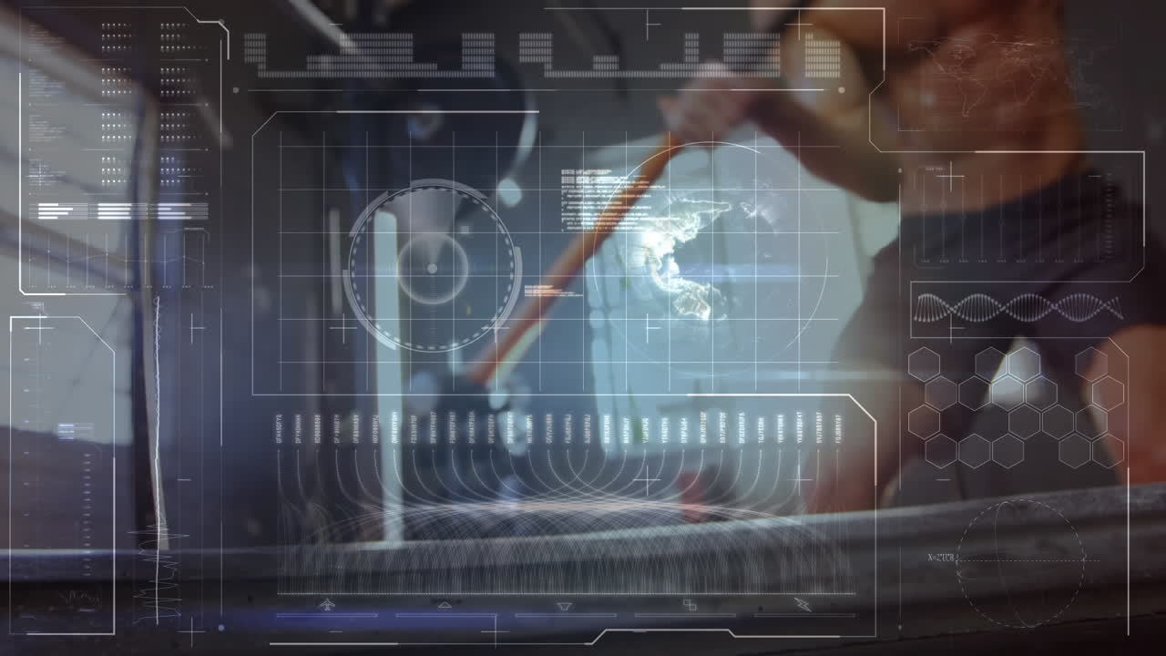 체육관 에서 운동 하는 사람 에 대한 스 ⁇  스캐닝 과 데이터 처리 의 애니메이션