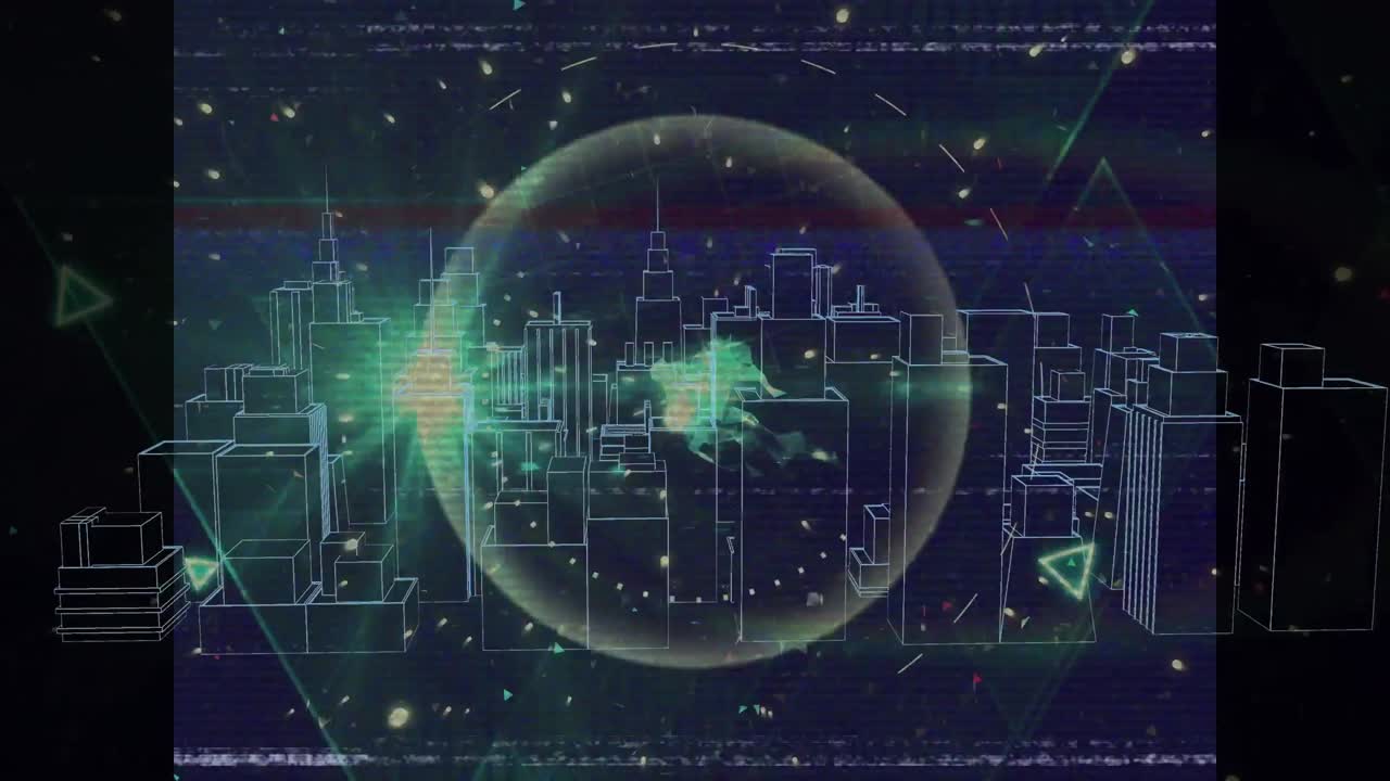 3d 도시 풍경 도면 위의 연결 네트워크의 애니메이션