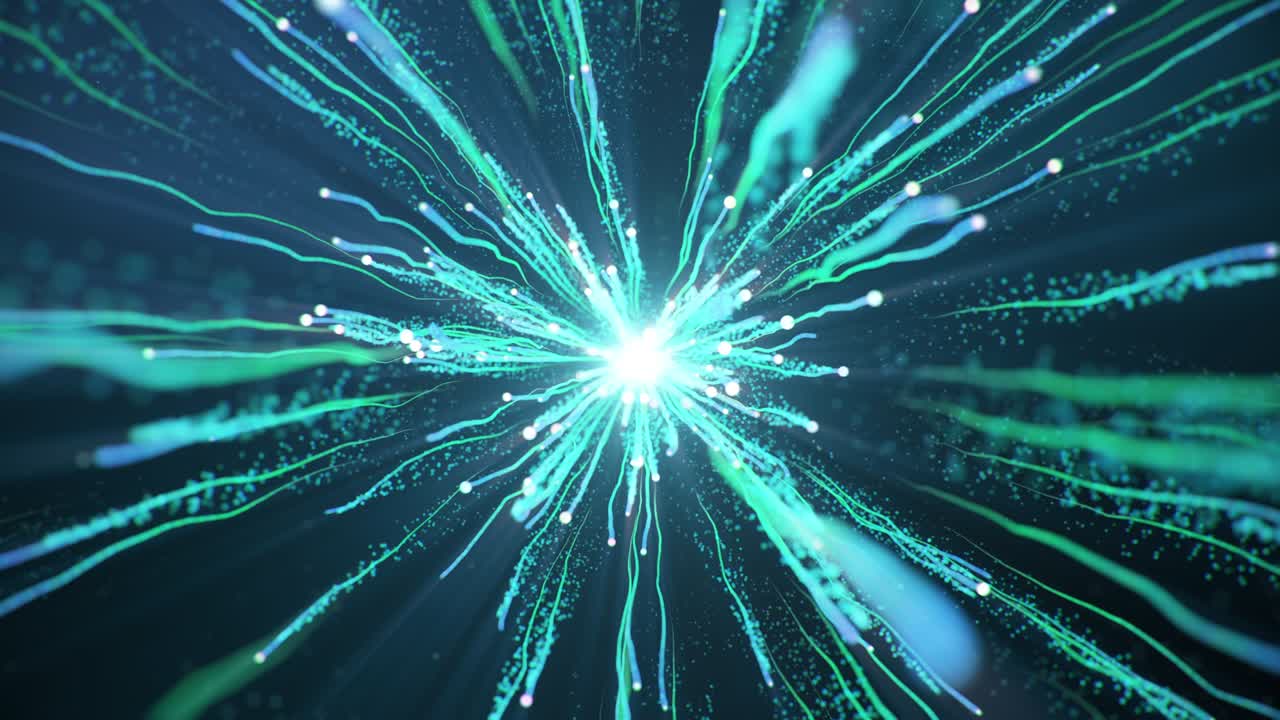 Abstract big bang in space. Flying particles in space with an accelerated-delayed effect. Two particles bump into each other. The particles after the big bang fill the entire space. 4K 3D Animation