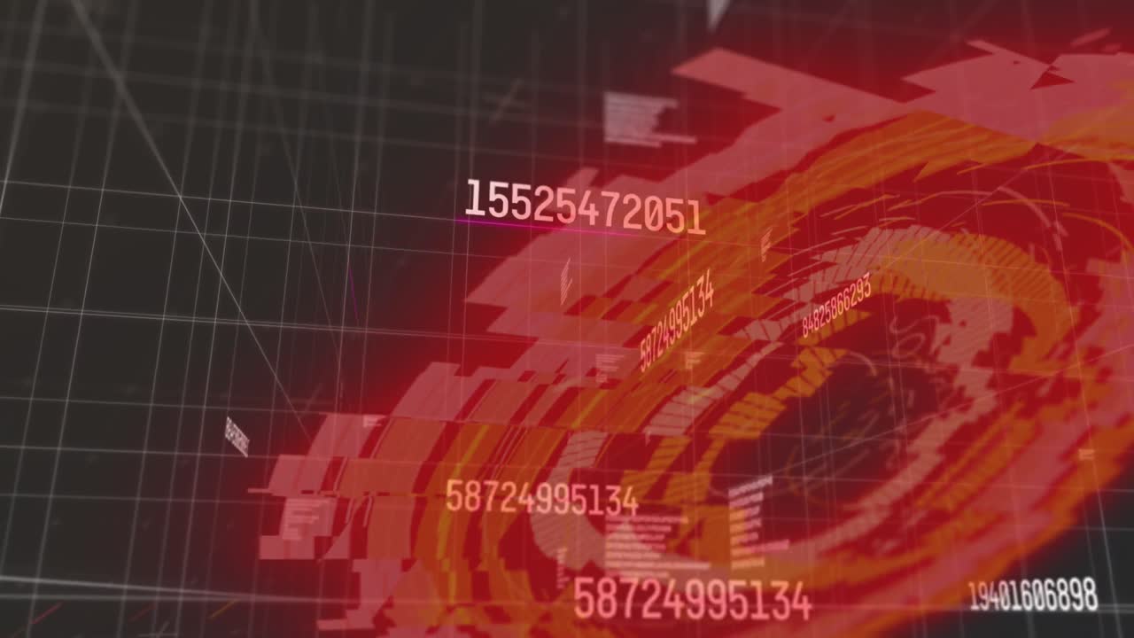 어두운 배경에서 둥근 스캐너에 대항하여 여러 번 변경되는 번호와 데이터 처리