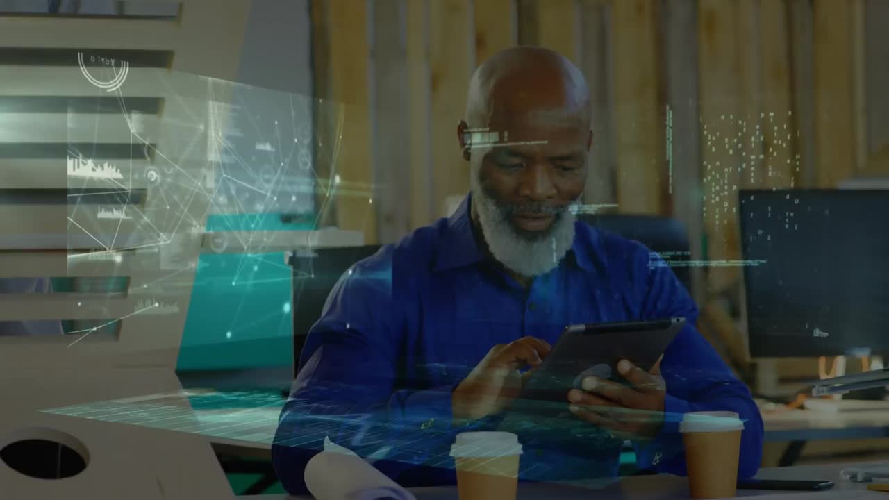 Animation of financial data processing over african american man using tablet