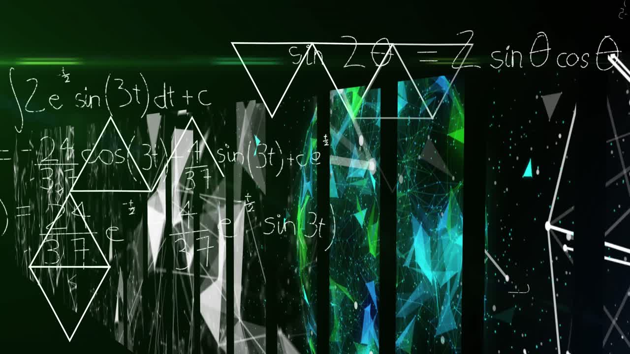 검은색 배경에 연결된 네트워크를 통해 수학적 방정식과 모양의 애니메이션.