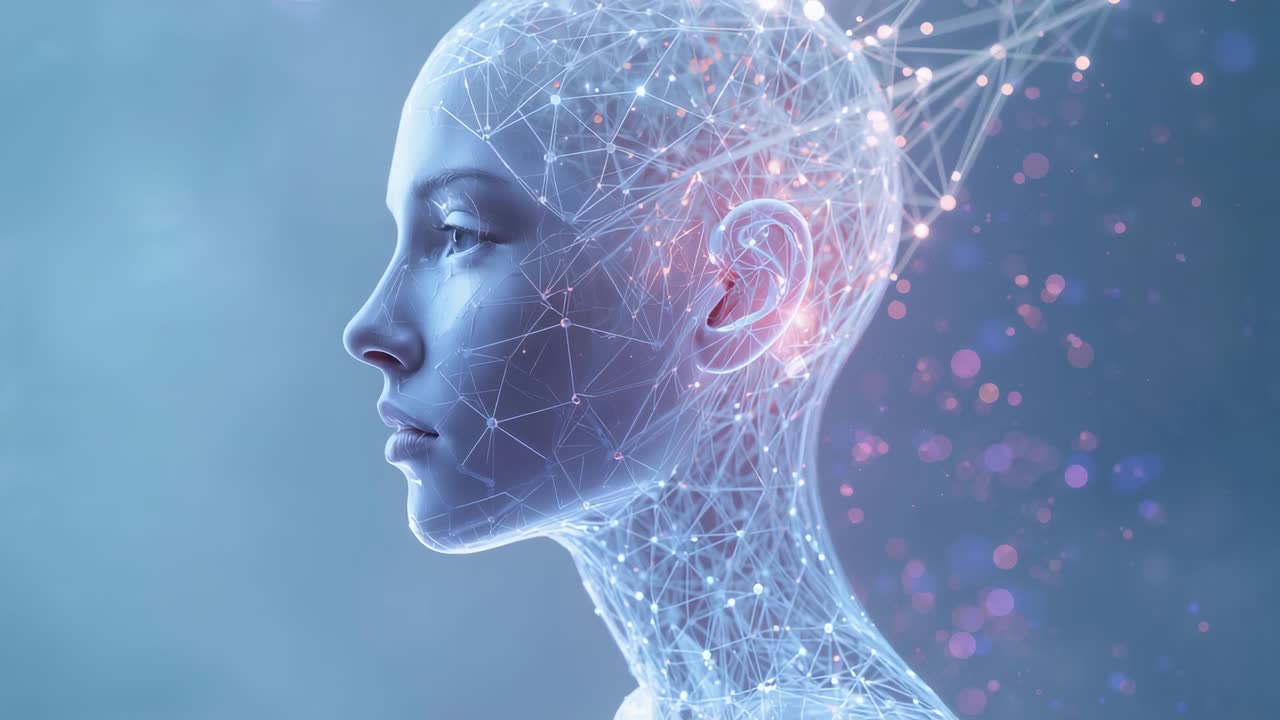 Raffigurazione di un androide femmina che attiva una maglia nodale mentre la palpebra si chiude in studio, orecchio illuminato, nuvola di particelle